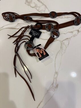 RACHEL Rachel Roy Brown Faux Leather Wrap Belt with Silver Medallions